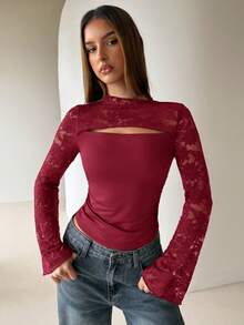 Aloruh Wine Red Lace Flare Sleeve Slim Fit Hollow Out Women T-Shirt - Red - View 9