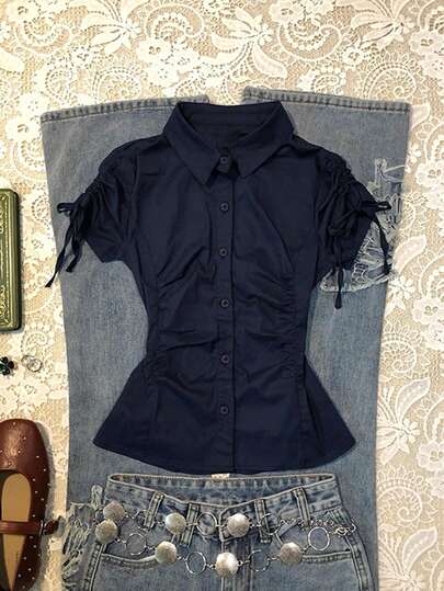 Rina Fox Women's New Y2K Baddie Style Collared Full-Zip Short Sleeve Shirt With 2 Side Pleats, Vintage Casual College Drawstring Sleeve Pleated Design Versatile Blouse, Casual Shirt Suitable For School, Commute, Shopping