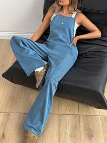 EURMUSE Side Pocket Detailed Long Denim Jumpsuit - Medium Wash - View 4