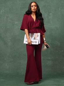 Vixey Bordeaux-rote, elastische, strukturierte Hose mit hoher Taille und weitem Bein für das Büro - Bordeaux - Übersicht 2
