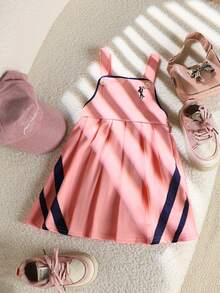 1pc Baby Girl Preppy Sporty Fashion Casual Pink Navy Blue Contrast Color Trim Horse Logo Embroidery Striped Pattern Sleeveless Strap Suspender Pleated A-Line Overall Dress Pinafore Skirt Sundress Soft Clothes For Daily Wear School Tennis Golf Party Summer Spring - Pink - View 8