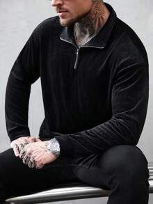 Manfinity CasualCool Men's Casual Everyday Commute Simple Solid Color Ribbed Half-Zip Stand Collar Pullover Sweatshirt Black Vacation - Black - View 6