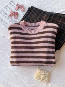 SHEIN Áo len dệt kim cổ tròn tay dài cho bé gái, áo chui đầu dệt kim sọc khối màu đơn giản, ấm áp và thoải mái khi mặc hàng ngày, bộ sưu tập mùa đông mới - Hồng - Xem 6