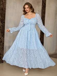Roveilla 优雅蕾丝镂空纹理面料连衣裙，新款时尚方领蝴蝶结前襟荷叶袖长款连衣裙，正式派对晚礼服，奢华法式度假公主裙 - 淺藍色 - 查看 5