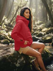 In My Nature HK-001 Red Casual Loose Fit Long Sleeve Warm Outdoor Padded Coat - Burgundy - View 5