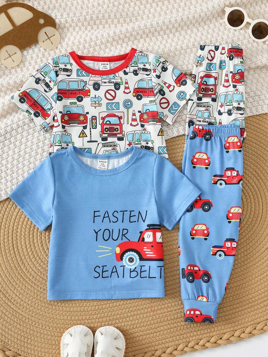 SHEIN 4件套男女通用婴儿服装，可爱休闲卡通印花长袖T恤和松紧腰长裤4件套 - 彩色 - 查看 1