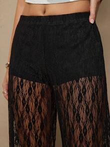 Freevana 女士弹力腰带花卉蕾丝直筒宽松时尚裤