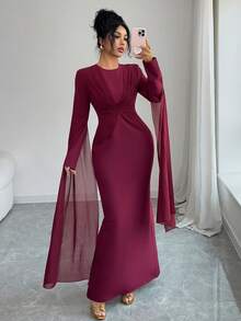 Elenzga Burgundy Elegant Autumn Chiffon Long Dress,Crew Neck Long Sleeves Waist-Cinching Sash Sleeves New Year Outfit,Suitable For Dining Parties&Gatherings - Burgundy - View 1