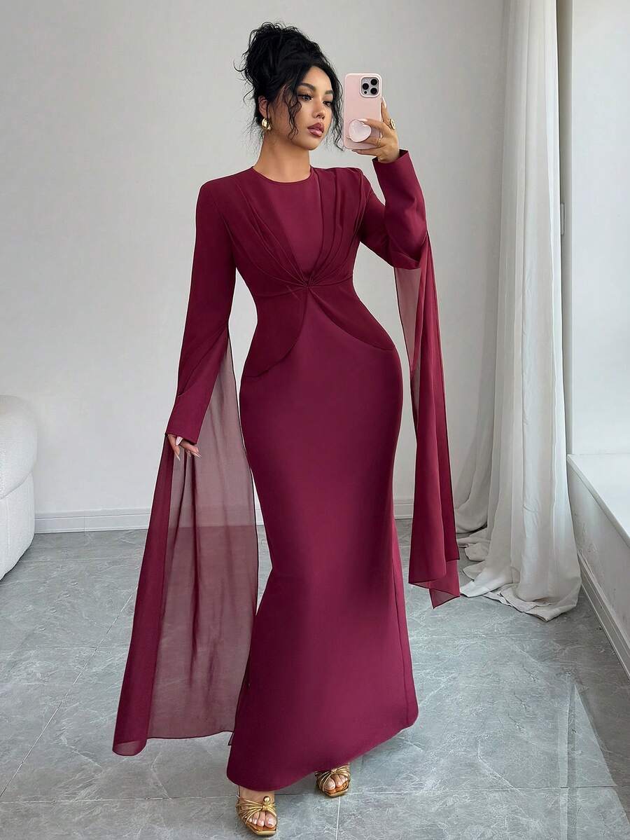 Elenzga Burgundy Elegant Autumn Chiffon Long Dress,Crew Neck Long Sleeves Waist-Cinching Sash Sleeves New Year Outfit,Suitable For Dining Parties&Gatherings - Burgundy - View 1