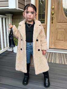 SHEIN Young Girl Knitted Fluffy Collar Casual Jacket, Girl Coat, Girl Clothes Autumn And Winter Clothes - Apricot - View 4