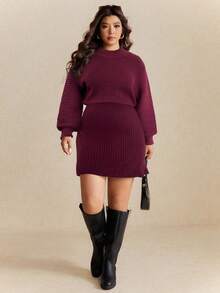 Elaquor Plus Size Women Casual Solid Color Long Sleeve Sweater Dress, Autumn/Winter - Burgundy - View 1