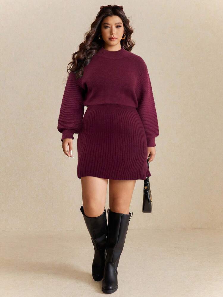 burgundy plus size sweater dress Elaquor Women Casual Solid Color Long Sleeve Dress, Autumn/Winter Color:pearl pink