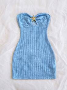 Soleia 女式度假白色针织纹理露肩胸前镂空褶饰金属海星装饰紧身迷你连衣裙，性感派对约会海滩度假夏装 - 藍色 - 查看 4