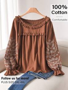 CosyJoli 大码女式刺绣拼接荷叶边喇叭袖时尚衬衫 - 棕色 - 查看 1