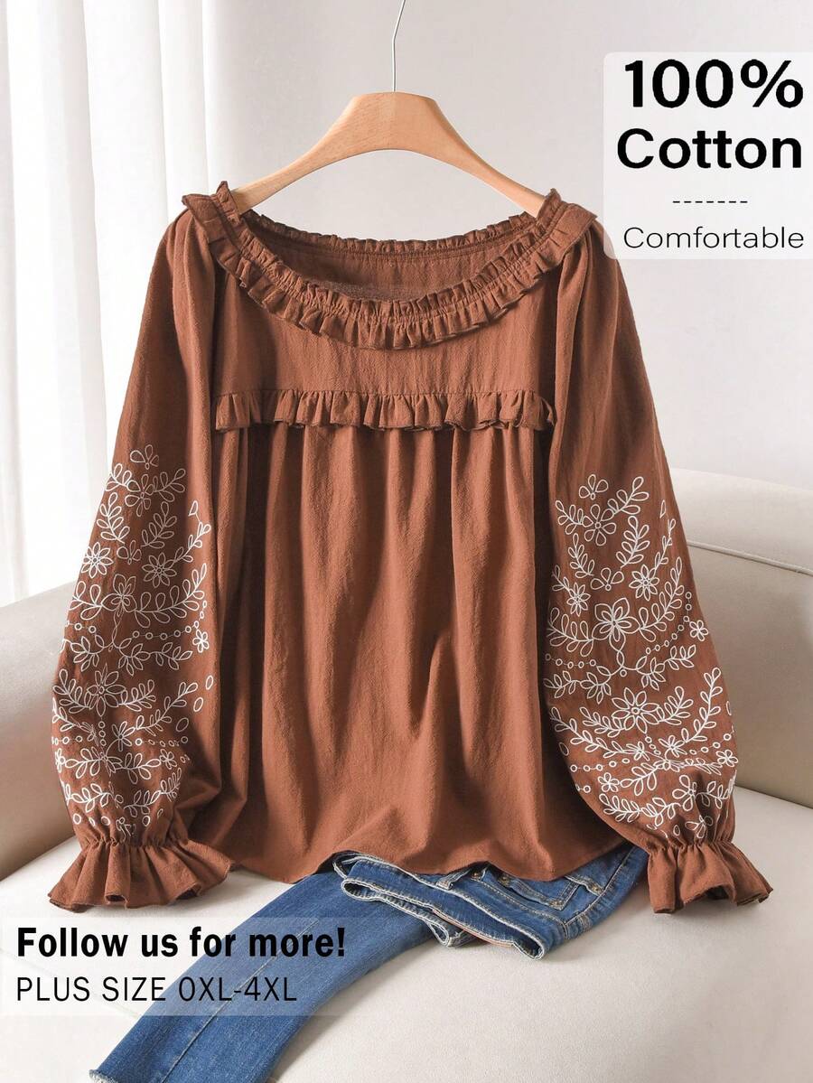 CosyJoli 大码女式刺绣拼接荷叶边喇叭袖时尚衬衫 - 棕色 - 查看 1
