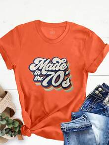 EMERY ROSE Women's Slogan Graphic Tee, Made In The 70's, Women Summer Top - Orange - View 1