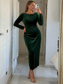 Vivie Lora Women's Green Velvet Bodycon Midi Dress With Waist Cinching Prom Dress