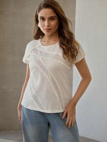MOTF PREMIUM PLUS SIZE WOMEN'S CONTRAST LACE SHORT SLEEVE T-SHIRT, SPRING/SUMMER - White - View 4