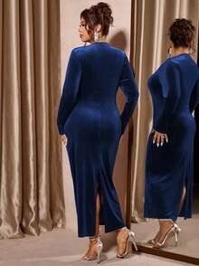 Cravure Plus Size Women Solid Color Long Sleeve Ruched Fitted Elegant Dress - Blue - View 2