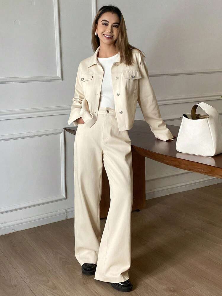 Women's Solid Color Cropped Jacket And Pants 2 Pieces Set