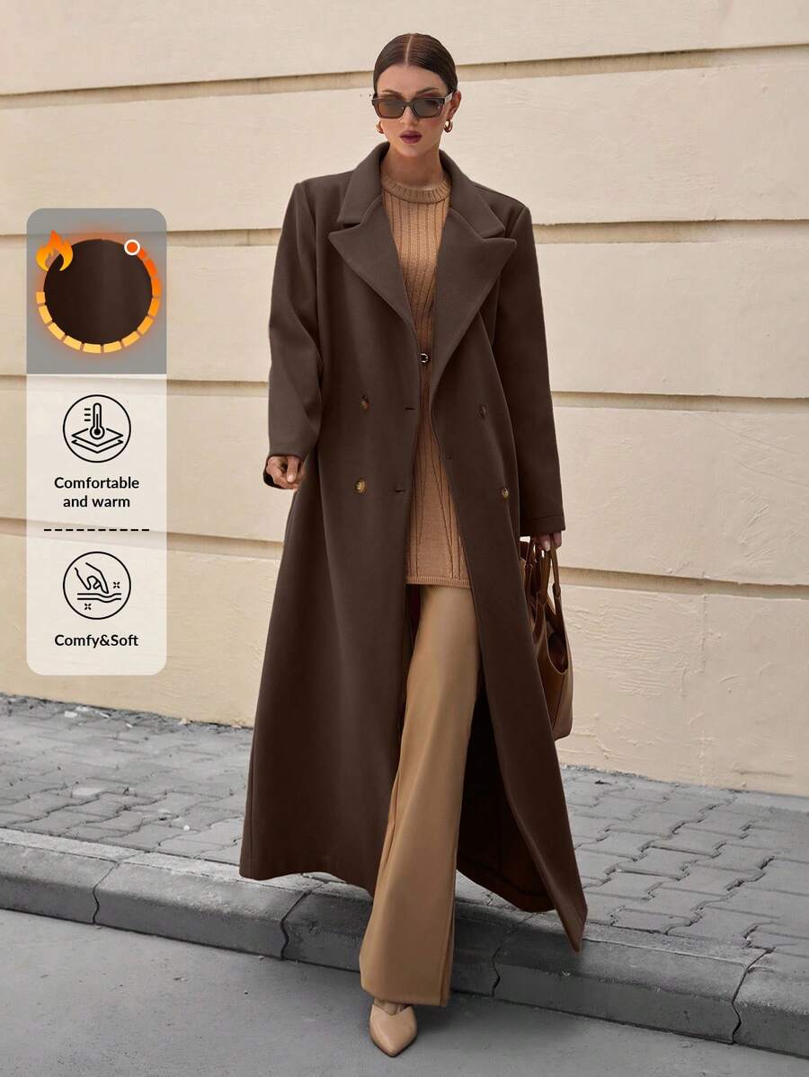 EURMUSE Women's H-Line Long Lapel Woolen Overcoat, Winter - Brown - View 1