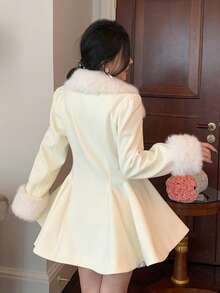 DAZY 女士优雅纯色羊毛领A字大衣，秋冬款 - 米色 - 查看 2