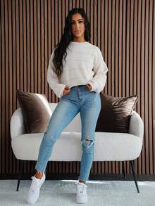 SAYEHFBABY 女式条纹落肩长袖短款休闲套头衫针织套头衫秋冬 - 彩色 - 查看 4