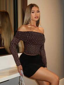 SHEIN BAE Summer Beach Vacation, Nightclub Party, Women Concert/Performance Top, Sexy - Coffee Brown - View 5