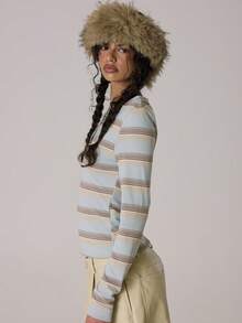 MUSERA 条纹长袖修身纽扣上衣，休闲可爱，适合秋季、春夏穿着，舒适居家休闲。 - 彩色 - 查看 3