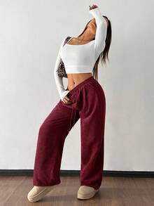 SHEIN PETITE Women's Autumn And Winter Street Fashion Casual Retro Corduroy Textured Pants Women Pants Loose Pants For Women Corduroy Pants Baggy Pants Burgundy Pants Harem Pants Women's Corduroy Pants - Burgundy - View 4