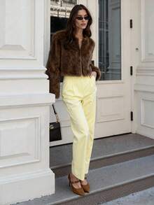 Glamine 女士时尚百搭日常通勤仿皮草短外套，秋冬70年代复古风奢华仿皮草外套 - 咖啡棕 - 查看 4