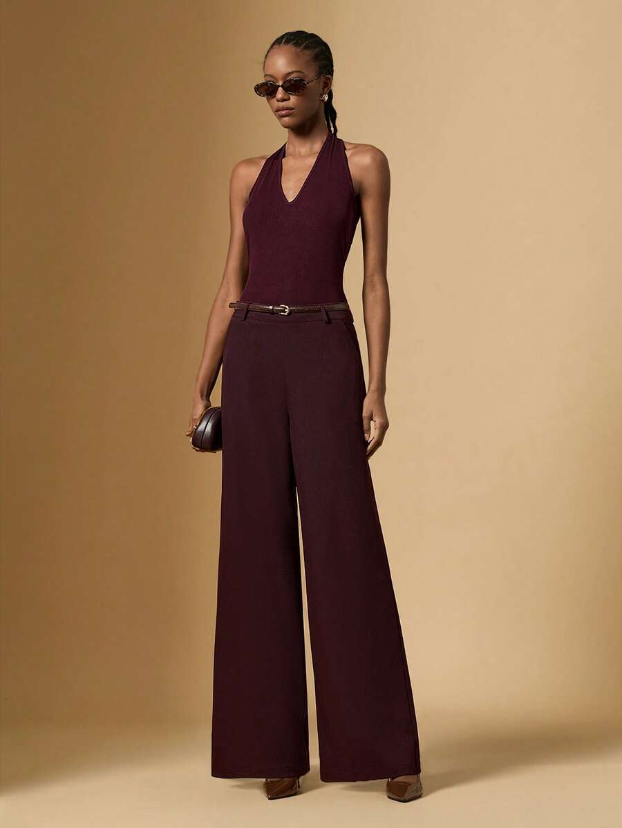 Bộ 2 món áo hai dây hở lưng và quần ống rộng thời trang nữ - Cà phê nâu - Xem 1