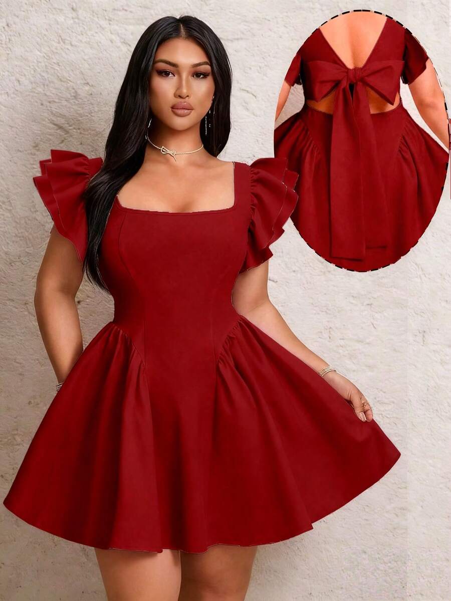 Lyrianda 法式浪漫派对圆领露背蝴蝶袖蝴蝶结连衣裙（女款） - 酒紅色 - 查看 1