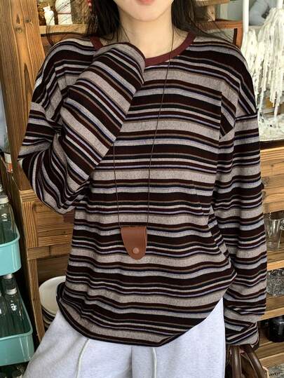 DAZY Autumn New Striped Women Round Neck Drop Shoulder Long Sleeve Casual T-Shirt
