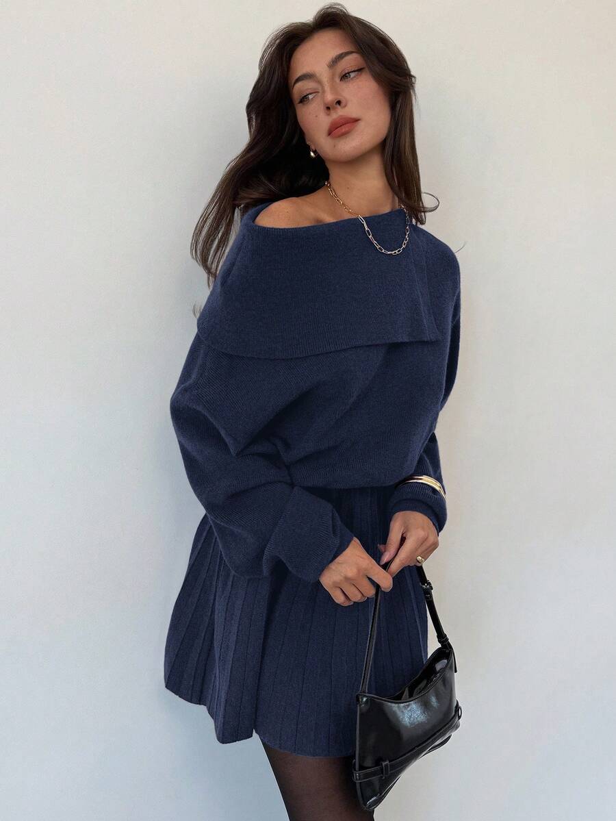 Aloruh Vestido de lana rojo vino de otoño para mujer con pliegues en la cintura, vestido de punto ajustado de línea A, vestido de suéter de manga larga con un hombro, vestido de hombro oblicuo para mujer en invierno - Azul Marino - Ver 1
