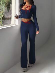 Sovereign Charm 女士秋冬运动套装，两件套，包括撞色领口抽绳卫衣和撞色腰带喇叭裤，适合日常休闲、跑步、瑜伽、健身、网球、高尔夫等运动。 - 藏蓝色 - 查看 2