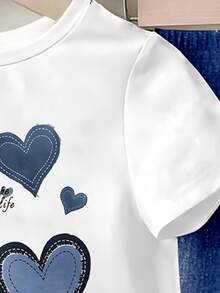 Baby Girls Denim Print T-Shirt Set, Heart Print Flare Pants, Blue Letter Print, Cute & Lively, Versatile All-Match 2-Piece Outfit, Suitable For Outings, All Seasons