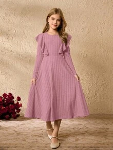Tween Mädchen Kleid mit Rundhalsausschnitt, Langarm, Rüschen an der Taille, elegant für Halloween und Weihnachten - Pink - Übersicht 4