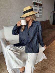 EMERY ROSE Mature Denim Camisa vaquera casual de mujer con bolsillo, de manga larga, de un solo pecho, con hombros caídos y diseño de parches y rayas - Azul - Ver 3