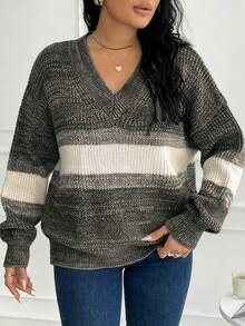 Plus Size Casual Colorblock Striped Drop Shoulder Sweater, Autumn/Winter - Army Green - View 1