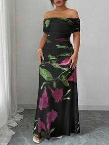 Modelyn 大码女式网纱印花露肩荷叶边连衣裙，优雅晚宴礼服 - 黑色 - 查看 5