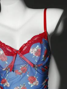 Seduluxe 复古蕾丝拼接花卉修身A字吊带裙，性感女士睡袍 - 藍色 - 查看 7