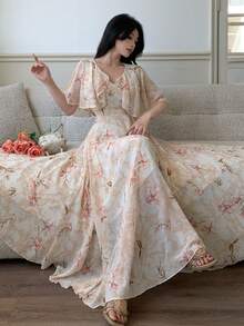 Modelyn 女士V领斗篷式收腰飘逸印花雪纺连衣裙 - 黃色 - 查看 4