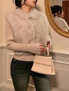 DAZY Áo khoác cardigan nữ 2 trong 1 chắp vá thanh lịch, Thu/Đông - Màu be - Xem 7