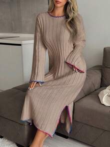 女士罗纹针织彩色针脚细节宽松长款毛衣连衣裙 - 米色 - 查看 7