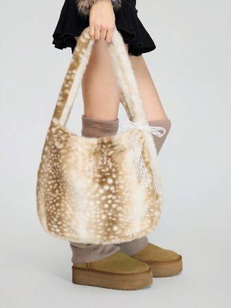 Fairycore 1 pezzo Borsa a spalla di alta qualità da donna con grande capacità, decorazione in peluche a forma di cervo e fiocco