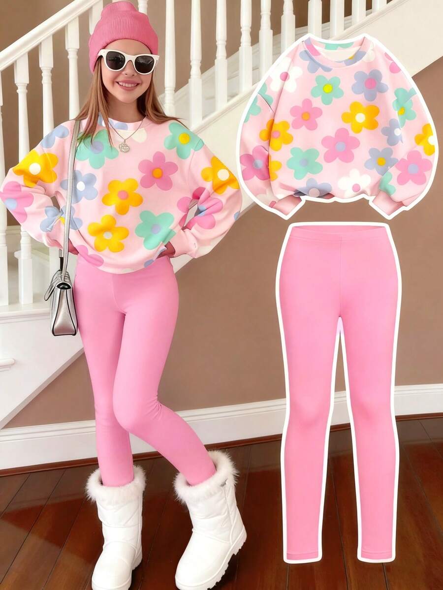 1 Set Girls Back To School Fashion Dotted Bow Print Crew Neck Sweatshirt And Black Leggings Outfit, Fall Clothes - Multicolor - View 1