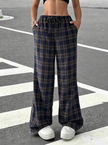 SHEIN EZwear 格纹印花抽绳腰带斜口袋宽松休闲阔腿裤