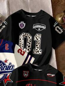 Attitoon 3 件套休闲简约运动 F1 数字和字母徽章印花图案宽松圆领短袖 T 恤女款，适合秋季、家庭装、机场和街头风格 - 彩色 - 查看 7