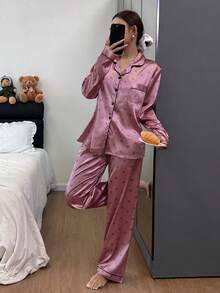 SHEIN Conjunto de pijama de manga larga y pantalones con estampado de corazones de satén - Rosa - Ver 6